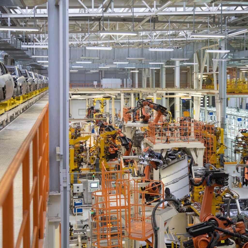 body of car on conveyor top view. Modern Assembly of cars at the plant. The automated build process