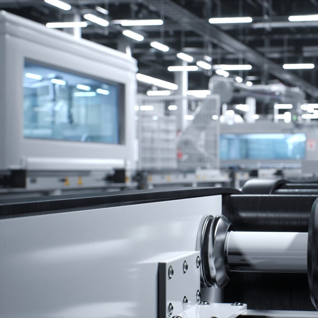 Close up of assembly lines in sustainable energy based facility, render