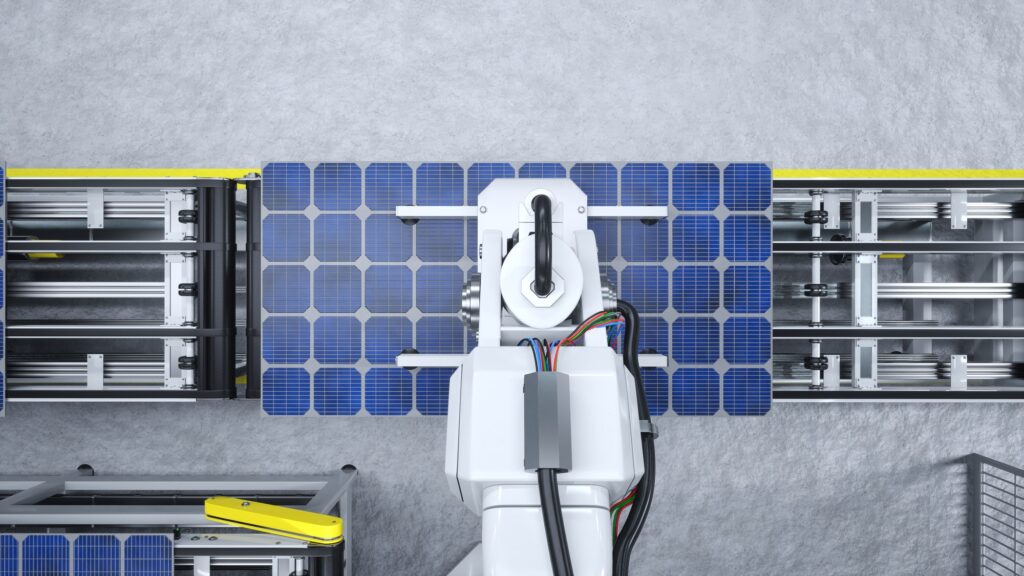 Heavy machinery unit placing PV cells on assembly lines , 3D rendering